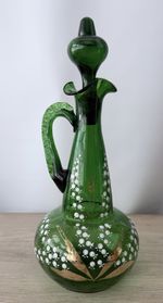 Vintage Green Glass Decanter Stopper White Enamel Floral Mary Gregory Style 25cm