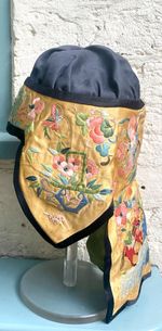 645. Rare Antique 19th c Chinese Yellow Silk Embroidered Ladies Headband/Hat