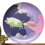 Flying Pig Wall Plate Art Modern Ceramic Decorative Unusual Quirky Rocket