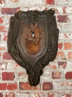 Antique Oak Carved Bat & Woof Black Forest Shield Wall Plaque & Hunter bag Centr