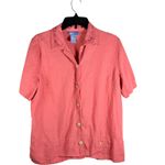 Vintage Koret Linen Blend Beaded Collar Embroidered Button Up Shirt Coral L