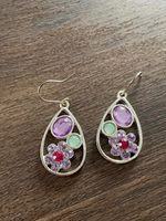 Vintage Style Teardrop Drop Earrings Purple Pink Green Rhinestones