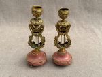 Pair Vintage French Ormolu Gilt Bronze Lyre Candlesticks Rose Marble Louis XVI