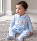 Baby Boy Velour Sleepsuit Smocked Teddy BLUE