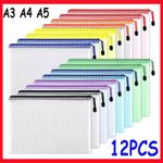 12PCS A3/A4/A5 Plastic Wallet Zip Lock Bags File Document Pocket Paper Storage