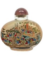 Antique Large Chinese Reverse Glass Painted Snuff Bottle W/ Agate Lid