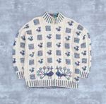 Vintage 80's Peacock Cottagecore Hand Knit Wool Jumper Women's XL Biege 