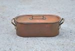 old copper fish kettle with brass handles, stamped Leon Jaeggi and Sons