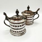 PAIR ANTIQUE MUSTARD POTS SILVER PLATE ON COPPER 19TH CENTURY
