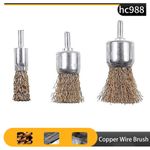 3pcs10/16/25mm Copper Plated Steel Brass Wire Brush 1/4'' Shank For Rust Removal