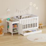 White Baby Cot Crib Sleeper Bed with Mattress & Wheeled Drawer & Storage Cabinet