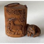 Inro Brown Goat Familiy Netsuke Ojime Wood Carved Tool Box Japanese Animal