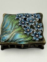 Metal enamel  trinket box - blue and green, with small flowers 