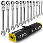 BLOSTM Flexible Combination Ratchet Spanner Set 8-19mm 180° Flex Head 12pcs