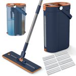 COSTWAY Mop & Bucket Set 3-Tank Flat Floor Mop & Bucket System w/Wringer-Navy