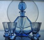 Art Deco Bohemian Blue Sapphire Glass Decanter Set with 6 Glasses 1930s