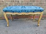 Good antique French giltwood window seat navy blue damask upholstery c1890