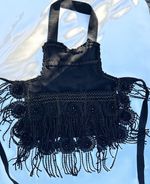 Vintage Artisan Black Silk-Georgette Rosette Fringe Halter Top with Pockets