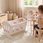 SET OF Dolls White Varnished Rocking Wooden Cradle Cot Bed and Matching High