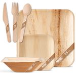 FOOGO Green Disposable Palm Leaf Large & Small Plates Wooden Cutlery Set & Bowls
