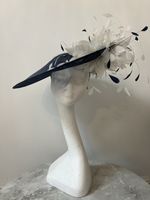 Stunning Jayne Alison Millinery Navy And White Floral Feathered Hat