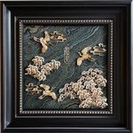 New Chinese Gold Metal Wall Art Framed Crane Pine Tree Blessing Shadow Box 3D