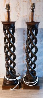 Vintage Pair Of Frederick Cooper Style Spiral Helix Wood Retro Art Lamps C1950s.