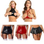 Womens Wet Look Patent Leather Lingerie Sets Bra Top with Garters Party Clubwear