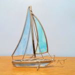 Delightful Vintage Stained Glass & Metal Wire Sailboat Height 15 cm