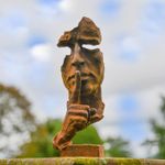Rustic Cast Iron Abstract "Shushing"  Head Bust Garden Sculpture