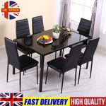 Square Tempered Glass Top Dining Table Kitchen Dinner Tables 6x Chairs Set UK