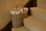 Grey-wash Wicker Stair Basket with Robin Bird Liner Home Stairs Storage Tidy