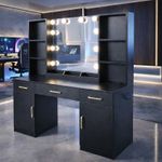 Modern Black Dressing Table with LED Mirror, Storage Stool, USB & Power Socket