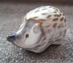 Vintage Mini Ceramic Hedgehog Brown White Spotted Glaze with Blue Accents