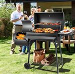 Charcoal Offset Smoker BBQ Grill, Wheels, Built-In Thermometer, Black