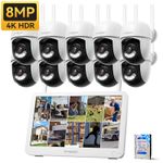 8MP Wireless CCTV Camera System 12'' Monitor 10CH NVR WiFi Security Outdoor 2TB