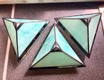 3Green Marbled Glass Pyramid Lampshades with Black Metal Trim 1 little crack on