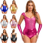 Womens Sleeveless Dance Leotards Slim Fit Sequin Metallic Shiny Bodysuit Party
