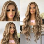 Lace Frontal Wig Heat Resistant Hair Natural Mixed Blonde Long Wavy