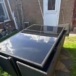 Grey Rattan/Wicker Garden Table & Chairs Set, Square Black Glass Top, Armrests