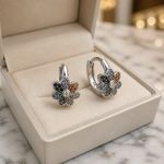 Multicoloured Floral Hoop Earrings 925 Sterling Silver with Rhinestones