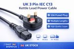 UK 3 Pin IEC C13 Kettle Lead Power Cable 13A for PC Monitor TV Printer 0.5m–10m