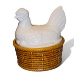 Secla Portugal Pottery Ceramic Hen on Nest Basket Egg Holder White & beige 