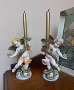 Vintage Italian Resin Cherub Angel Taper Candlestick Holders x2 w/candles 5042 
