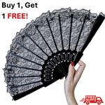 Lace Folding Fan Hand Held Black Dance Floral Pattern Party Accessory +1 FREE