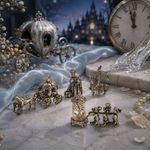 Solid Silver Miniatures Set Fairy Tale Horse & Carriage, Lady, Animals, Clock