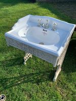 Vintage B C Sanitan Sink on Cast Iron Stand and Loo with Medium height Cistern.