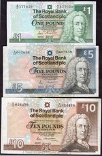 (NH).Scotland, Royal Bk, Three Banknotes; £1, £5 & £10 1987-1988. Details Below.