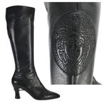 Vintage Gianni Versace Boots 90s Medusa Embroidered Black Knee High Black UK 5.5