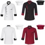 UK Unisex Uniform Long Sleeve With Hat Costume Chef Kitchen Jacket Bakery Shirt
